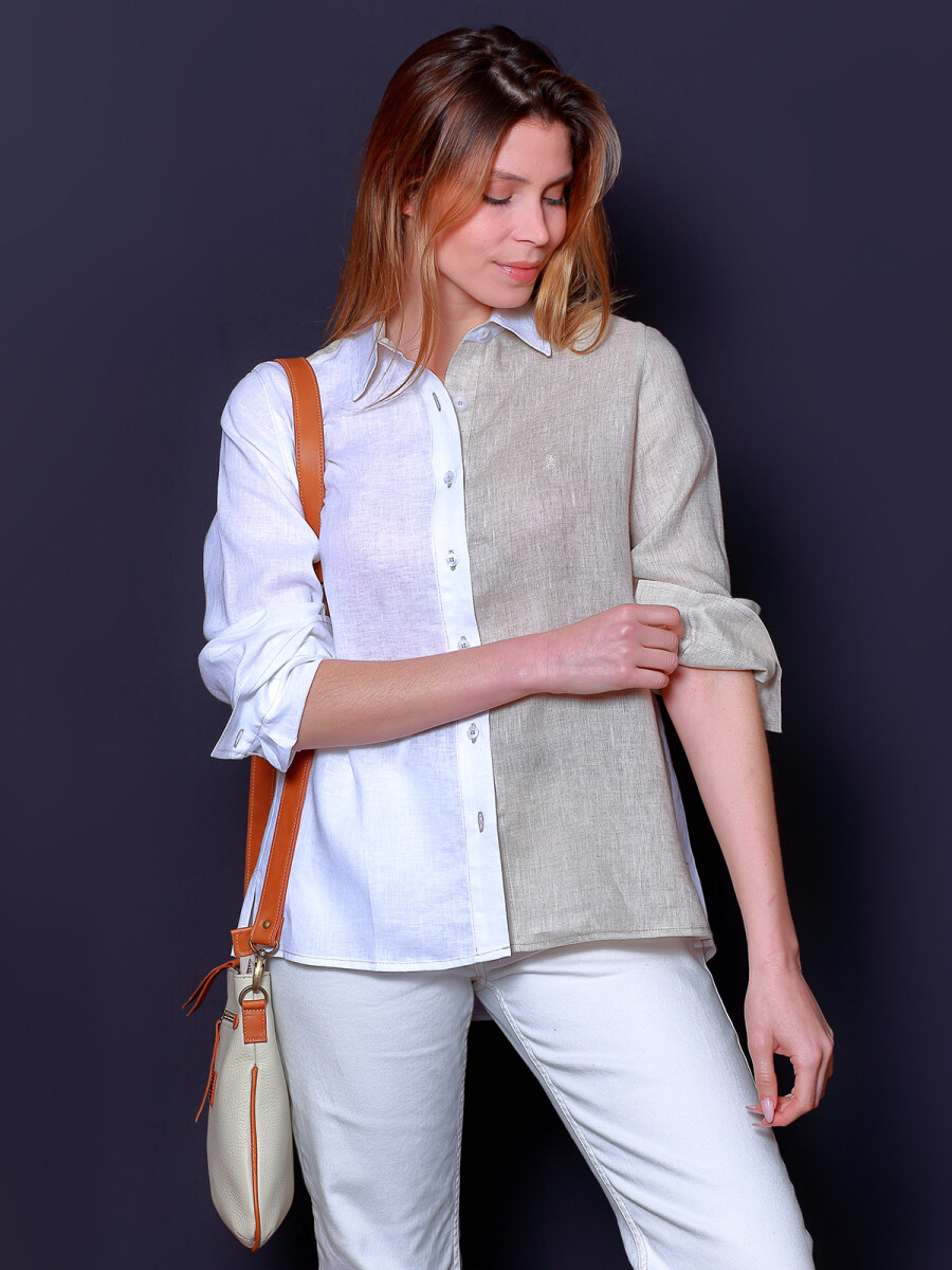 Camisa Suspiro en Lino Combinada - Beige Claro con Blanco 