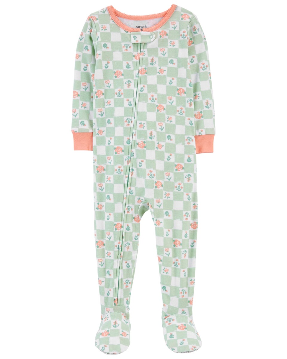 Pijama una pieza de algodón con pie, diseño floral y cuadriculado. Talles 2-5T 