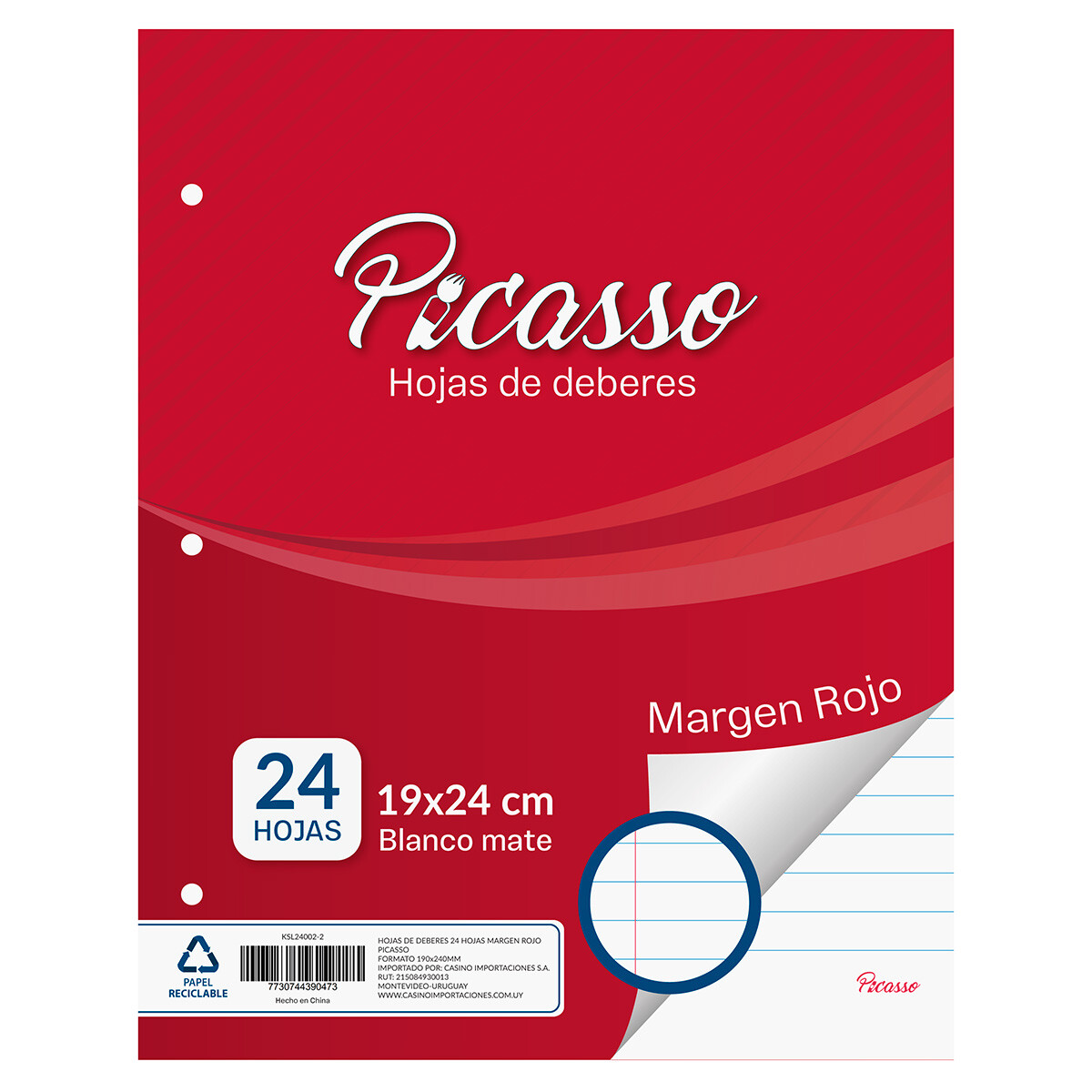 Hojas de deberes x24 Picasso Margen Rojo 
