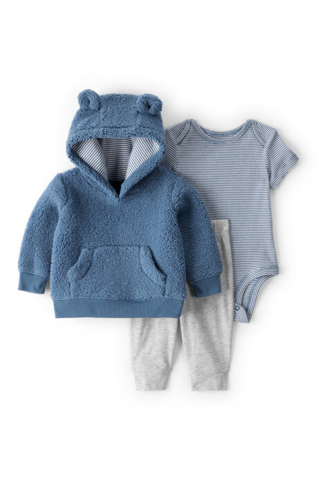 Set tres piezas, pantalón y body de algodón, con canguro de sherpa, diseño oso Sin color