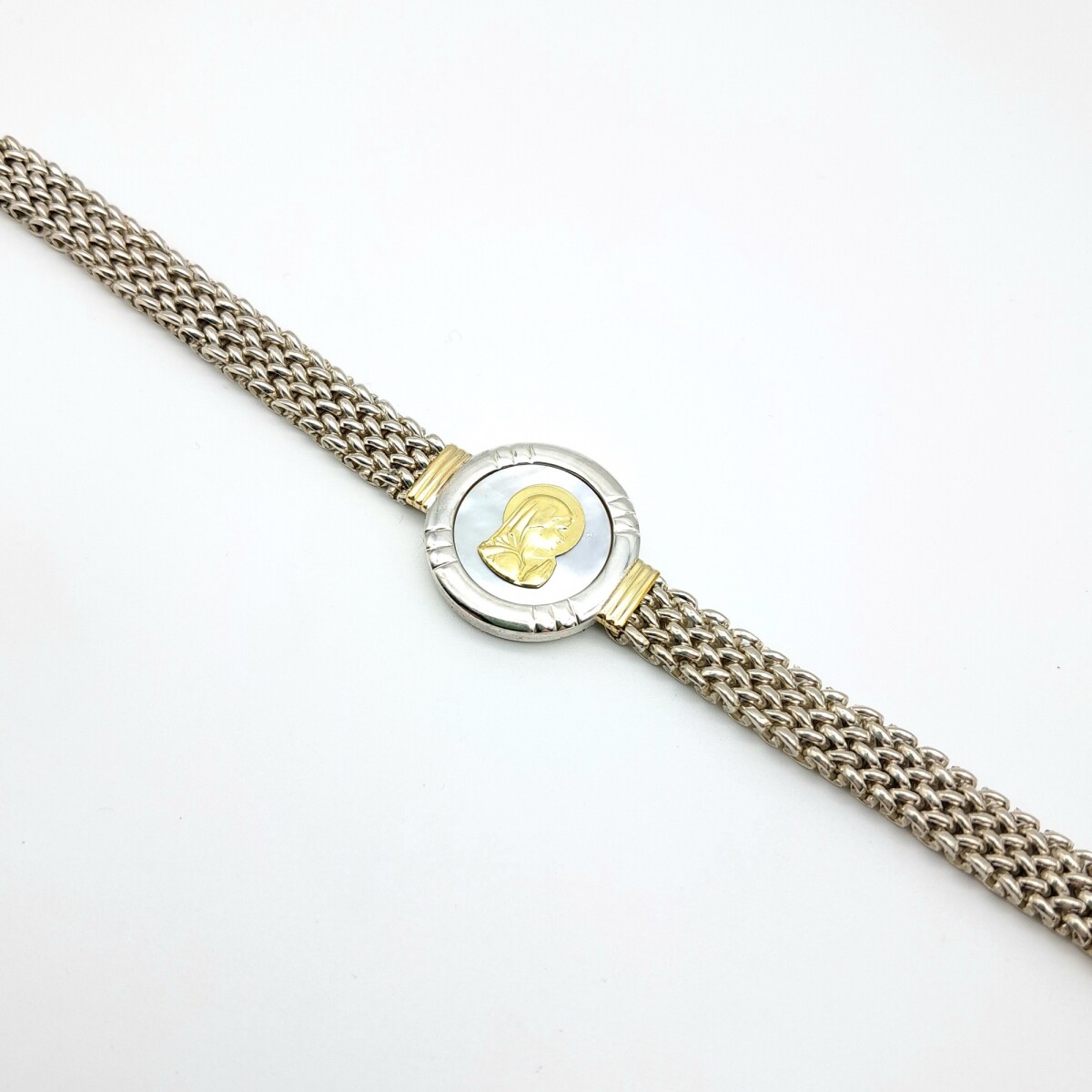 Pulsera de plata 925, double en oro 18 kes, nácar, VIRGEN NIÑA. 