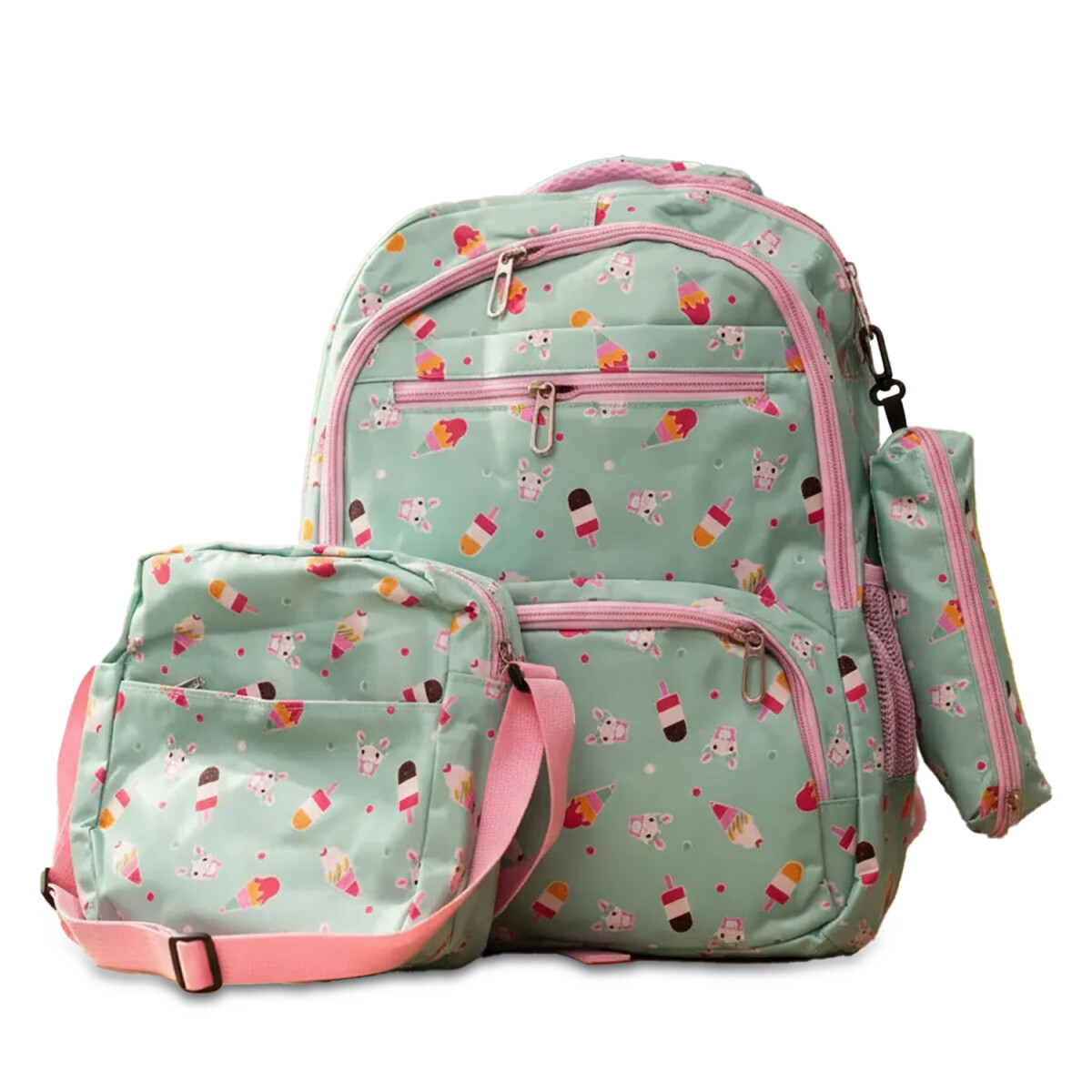 Set Mochila 3 Piezas Estampado Helados Escolar Resistente - Verde Claro 