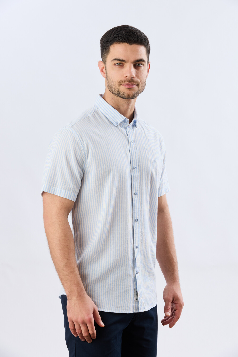 CAMISA RAYADA DE LINO Celeste