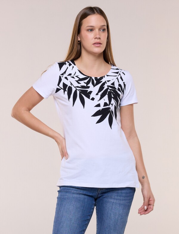 Remera Algodón Con Aplique De Piedras BLANCO/NEGRO