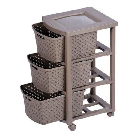Cajonero Rimax Plastico Rattán 3 cajones, estante y ruedas Marrón