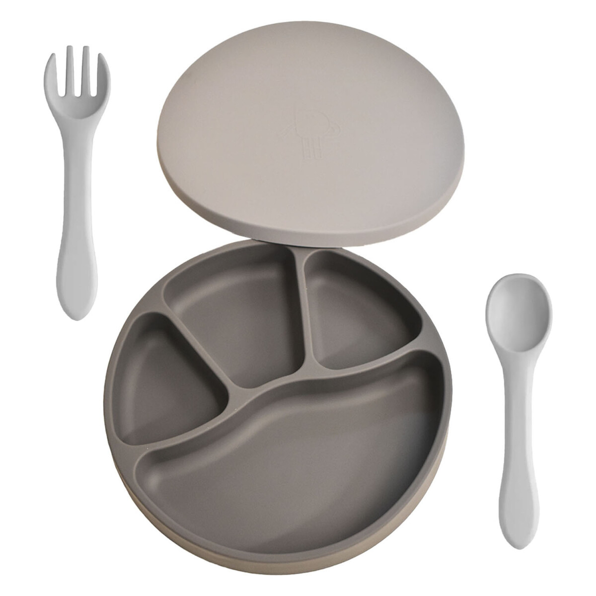 Set Comida Bebé Plato c/ Divisiones y Tapa + Cuchara Tenedor - Gris 