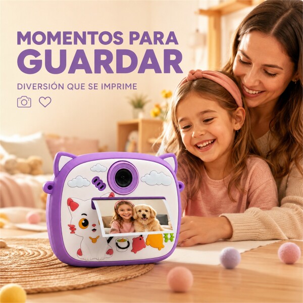 Cámara Infantil Instantánea Gatito con Doble Lente y Selfie Violeta