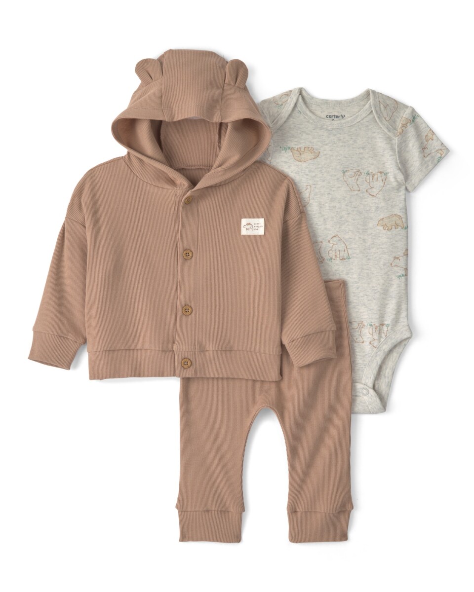 Set tres piezas de algodón, pantalón, body y saco con capucha, marrón y gris, diseño osos 