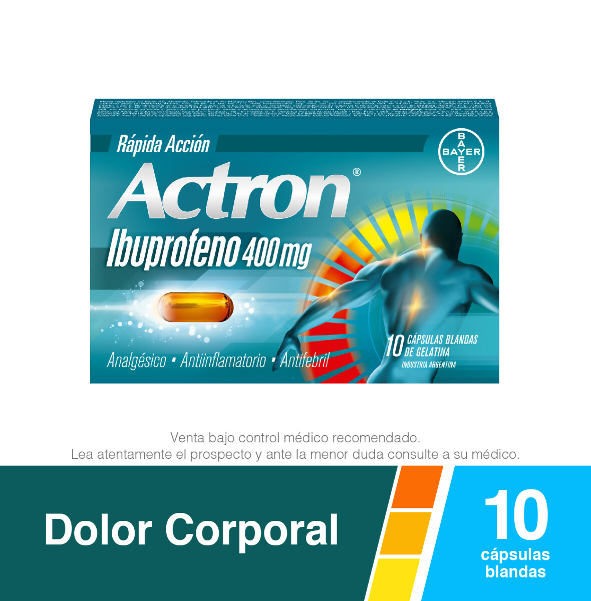 Actron Analgésico Antiinflamatorio y Antifebril con Ibuprofeno 400mg x 10 Cápsulas Blandas 