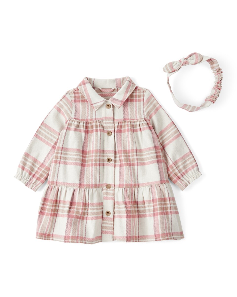 Vestido de franela y vincha, diseño a cuadros 