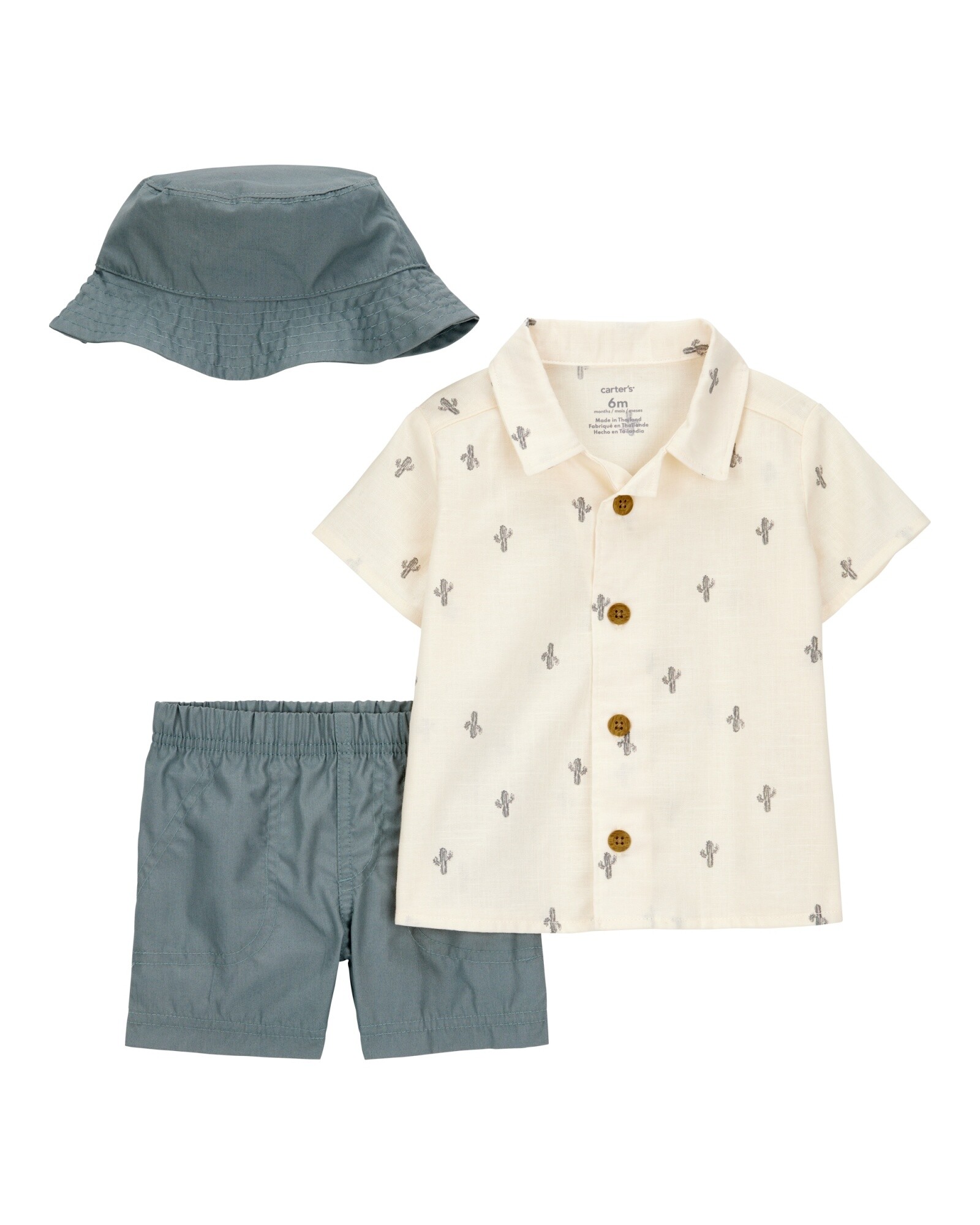 Set tres piezas de algodón, short, camisa y gorro Set tres piezas de algodón, short, camisa y gorro