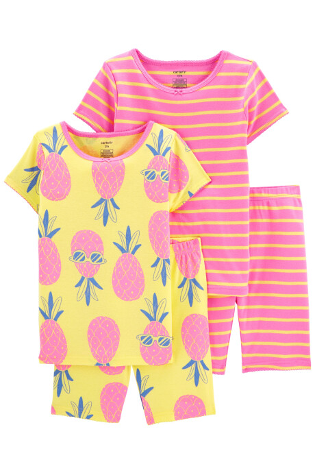 Pijama cuatro piezas de algodón, dos remeras y dos shorts, estampados Sin color