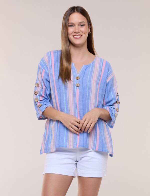 Blusa Algodón Botones MULTI/CELESTE