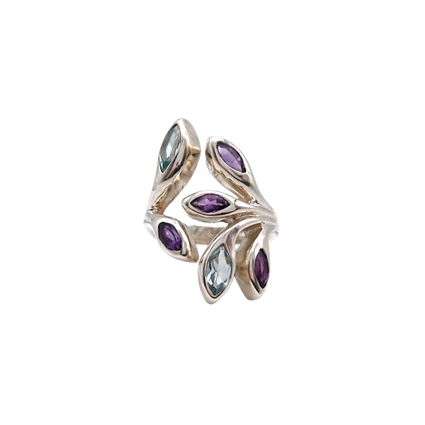 Anillo Pétalos-Plata 925-Piedra amatista y aguamarina-AN4552 conpiedra