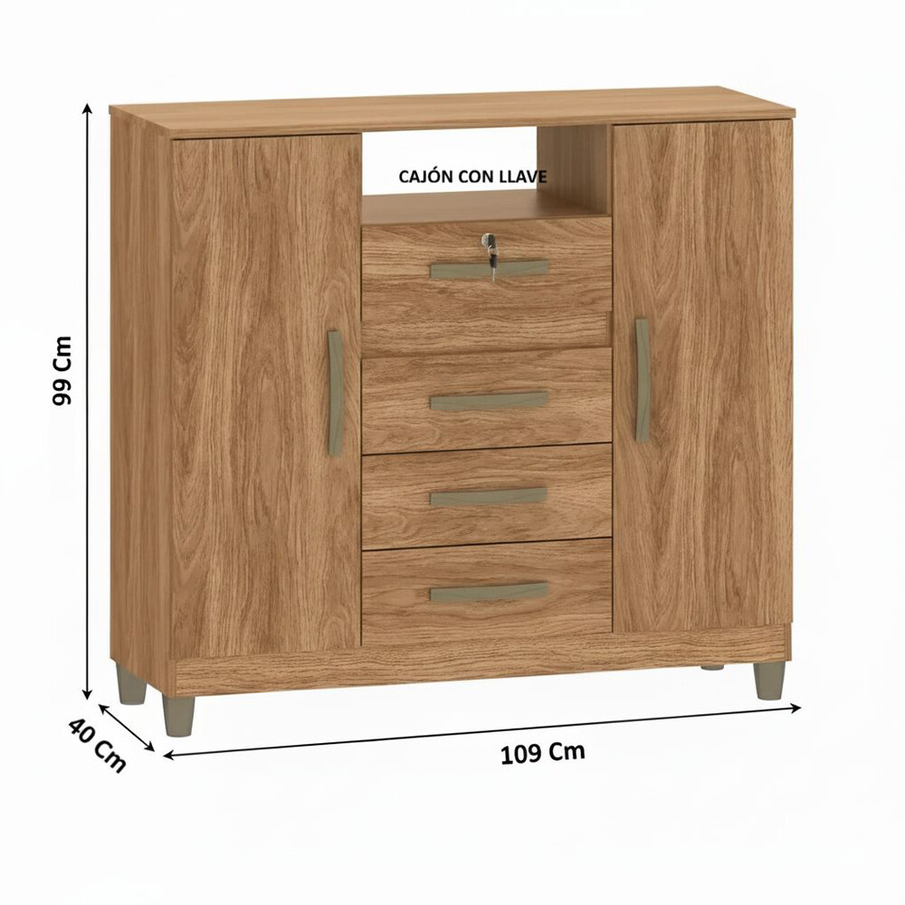 CÓMODA CAJONERA GUARDARROPA 4 CAJONES 2 PUERTAS CON LLAVE COLOR MADERA