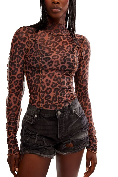 CHARLIE PRINTED MESH TOP Marron