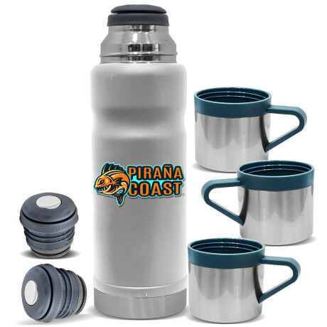 Set Termo 650ml Acero Inox +2 Tapón +3 Tazas Piraña Blanco