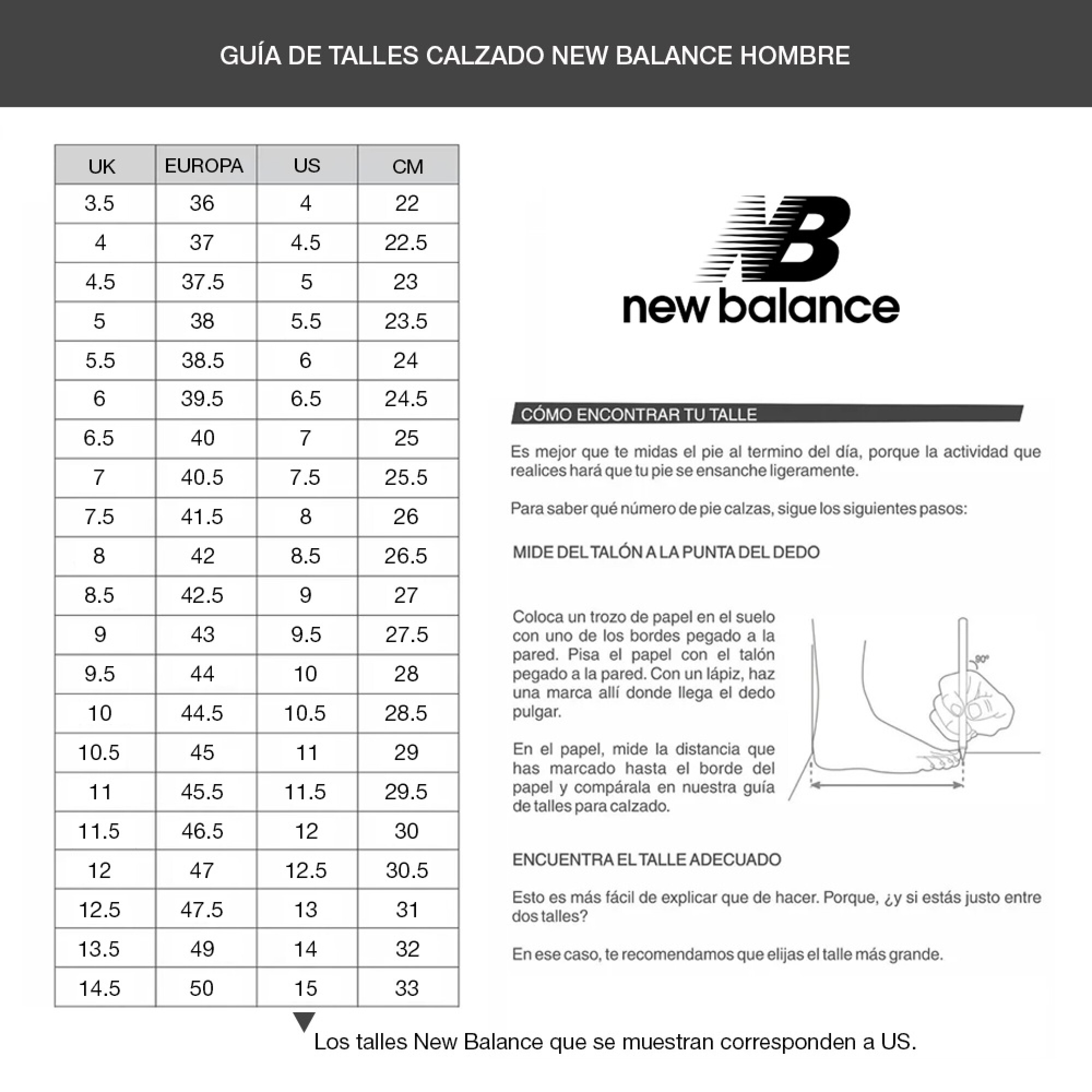 Guia tallas new balance hombre outlet