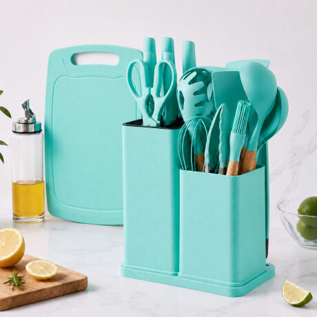Set Utensilios Cocina 19Pz + Escurridor 3Niv. Drenaje Autom. Turquesa