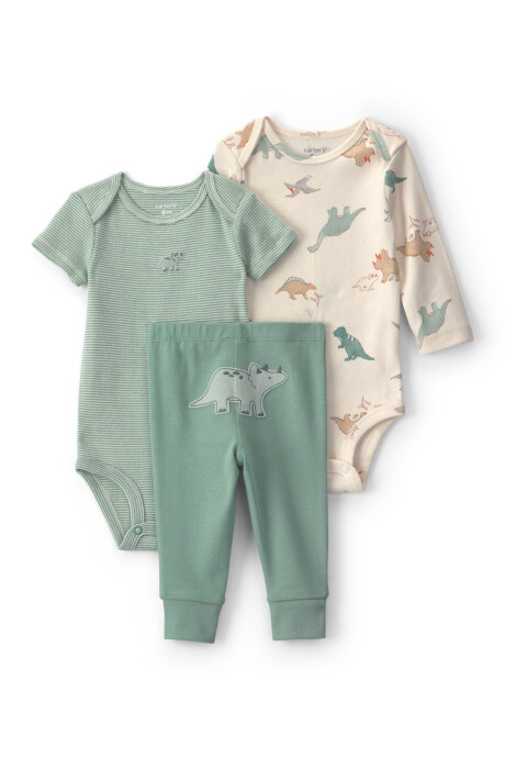 Set tres piezas de algodón, pantalón y bodies, verde y crema, diseño dinos Sin color