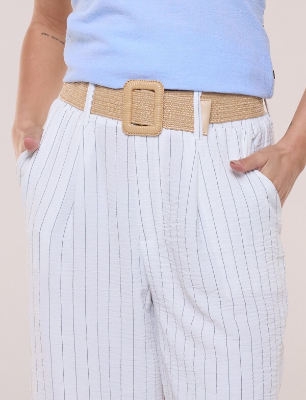 Pantalón Wide Leg Rayado Con Cinturón De Rafia BLANCO