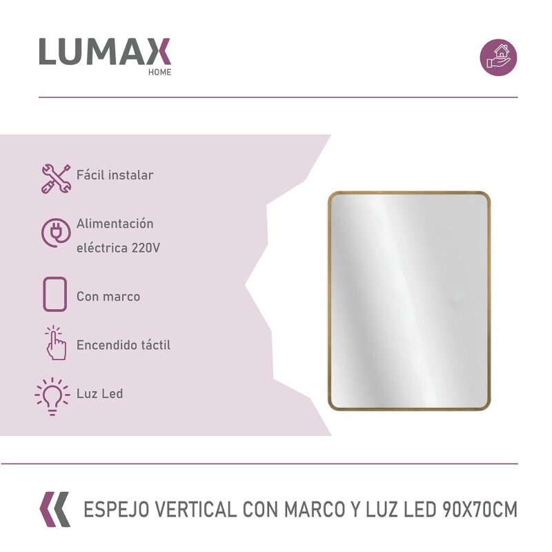 Espejo Vertical Lumax Suleban c/marco y luz 90x70cm Dorado