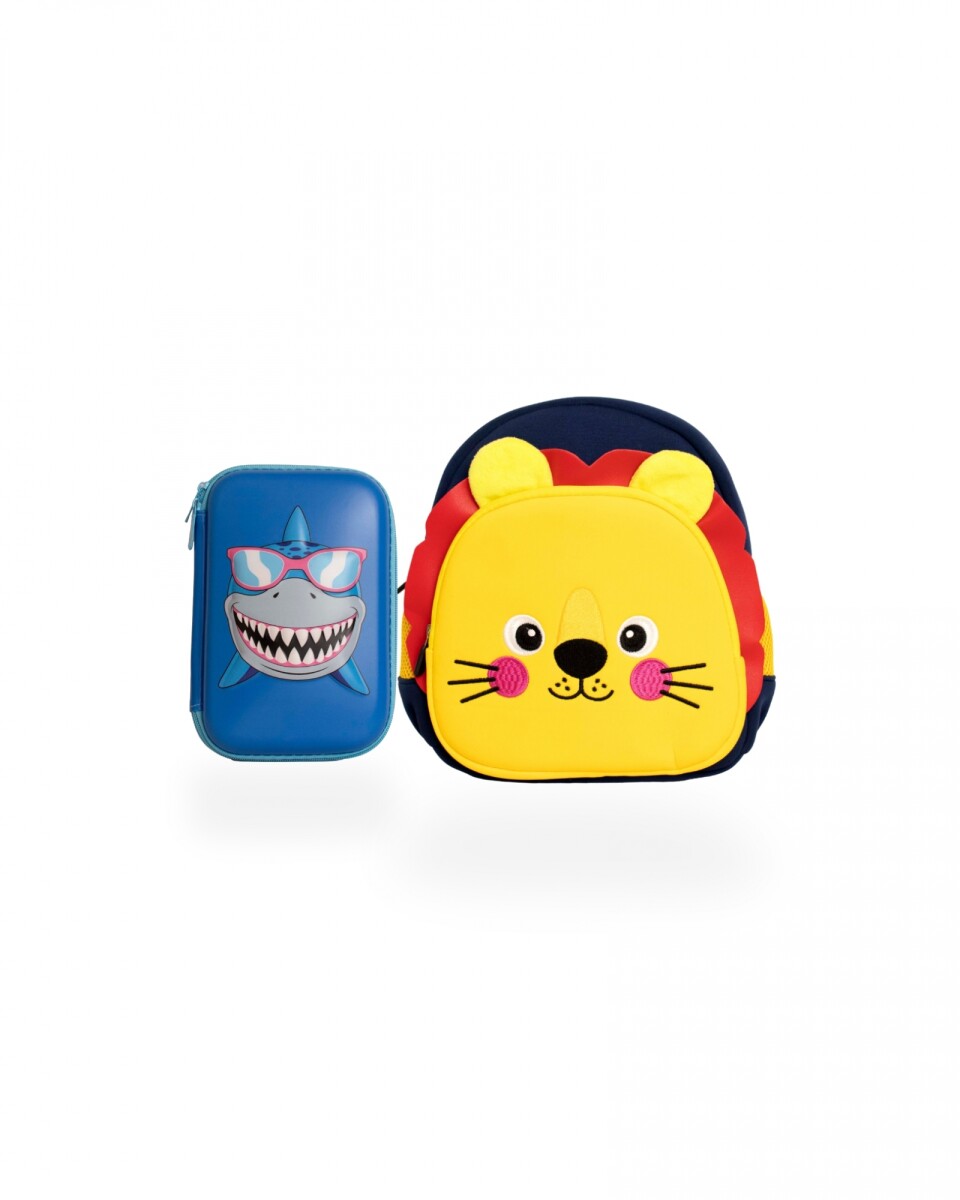 Set de mochila infantil de neopreno y cartuchera con divisiones brio - set-tiburón-león2 