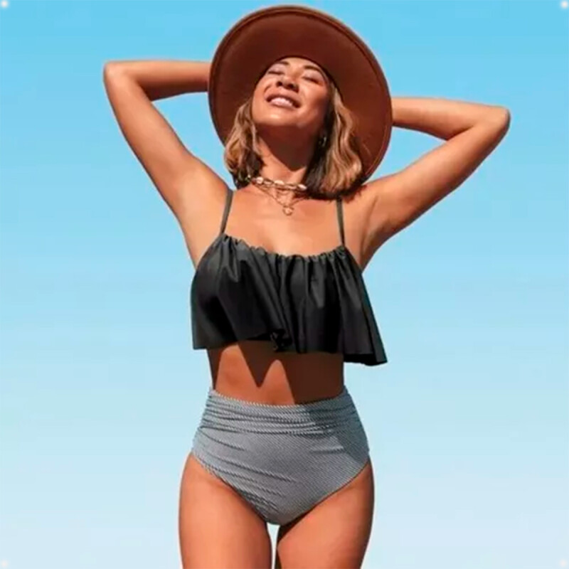 Malla Bikini de Dos Piezas De Tiro Alto Negro