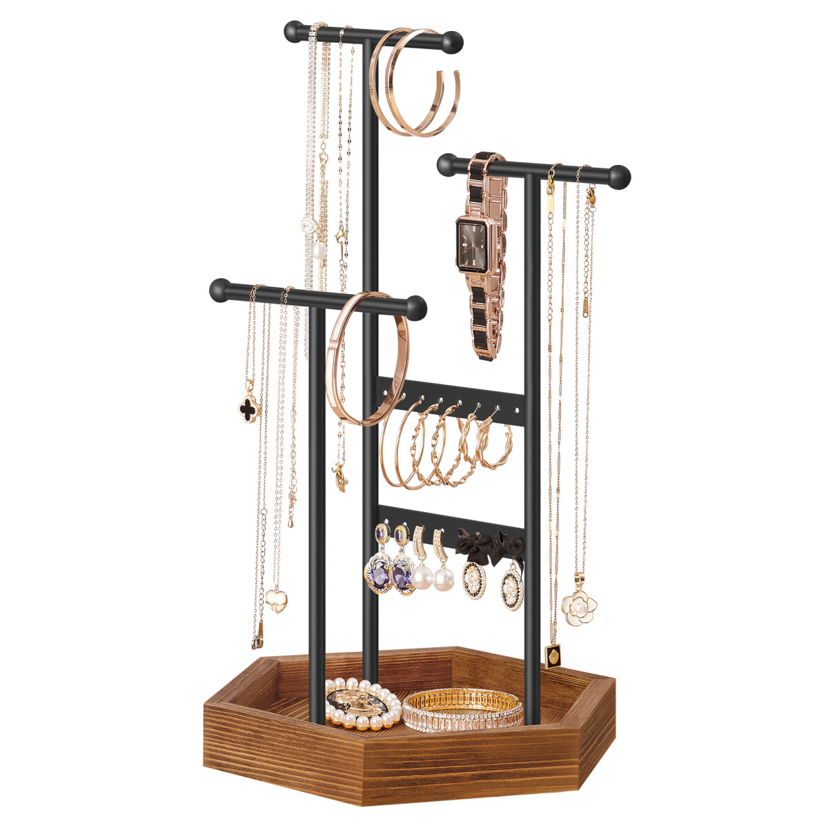 SONGMICS Organizadora de Joyas de Metal de 3 Niveles con Base de Madera – Soporte para Pulseras, Relojes y Pendientes 