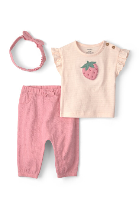 Set tres piezas de algodón, pantalón, blusa y vincha, rosado, estampa frutilla Set tres piezas de algodón, pantalón, blusa y vincha, rosado, estampa frutilla