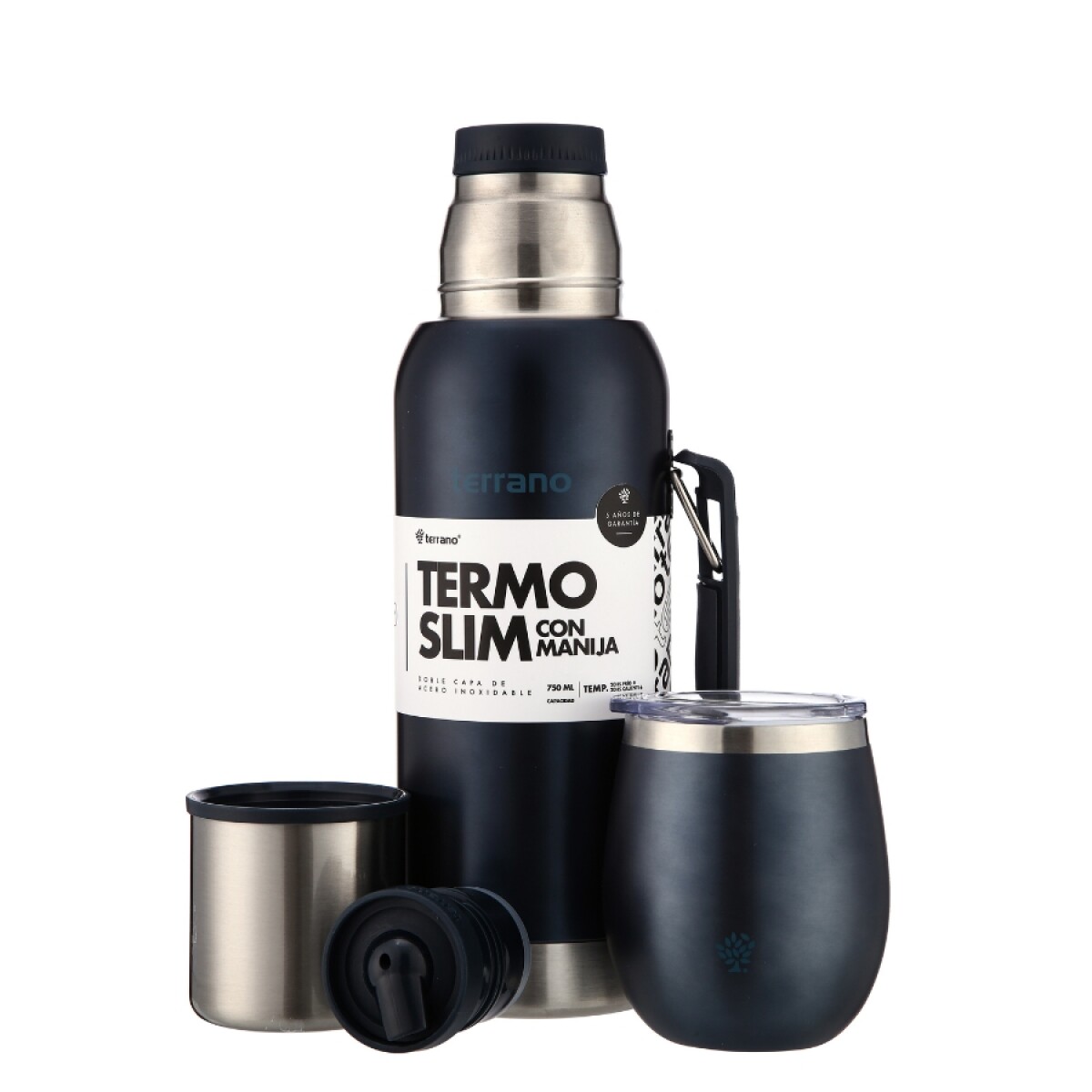 kit termo 750ml base silicona + mate tapa azul metalizado 