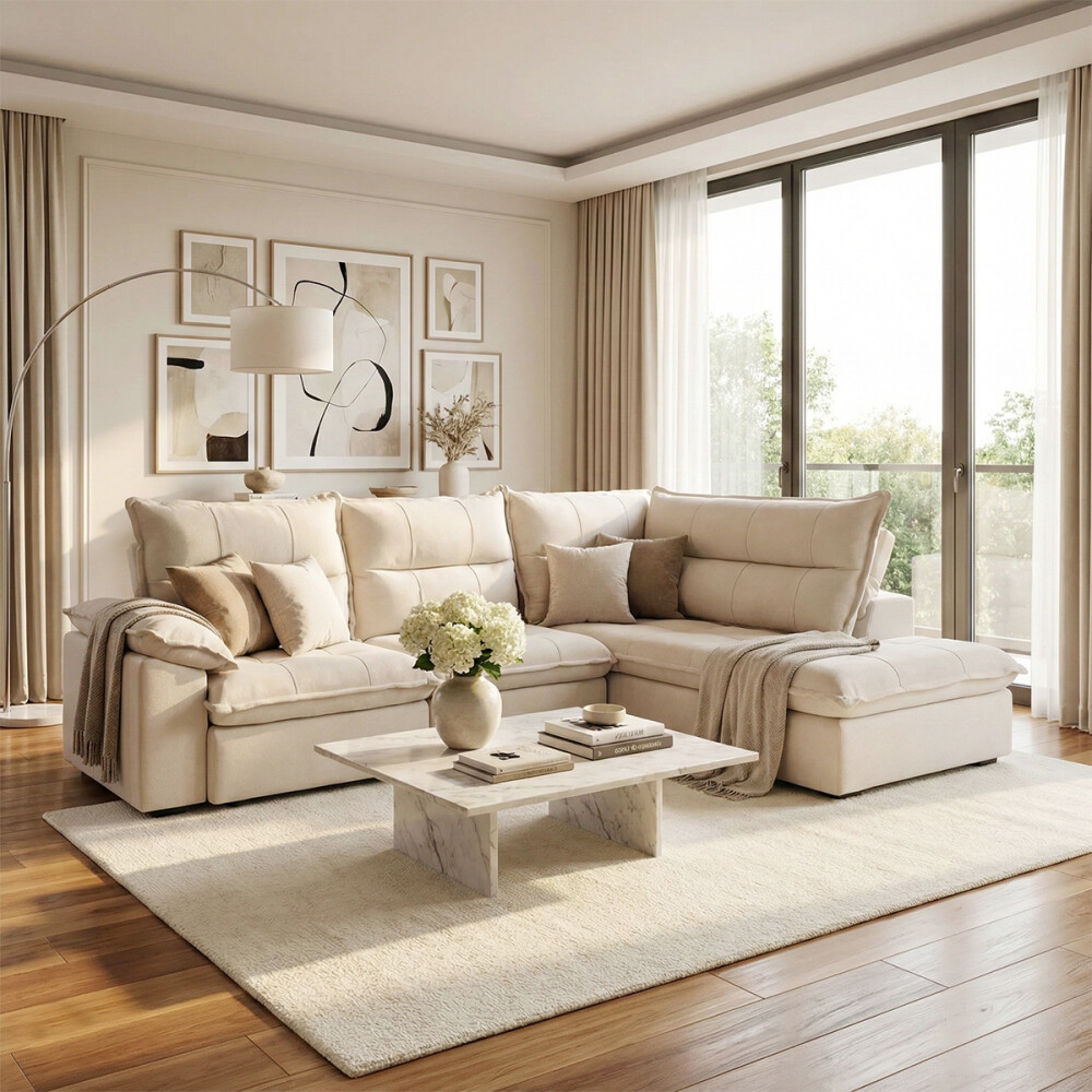 Sillón 5 Cuerpos con Chaise Retráctil y Reclinable - Cesky Beige Izquierdo