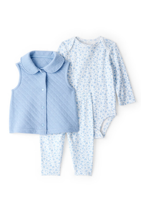 Set tres piezas de algodón, chaleco capitoneado, pantalón y body, azul, diseño floral Sin color