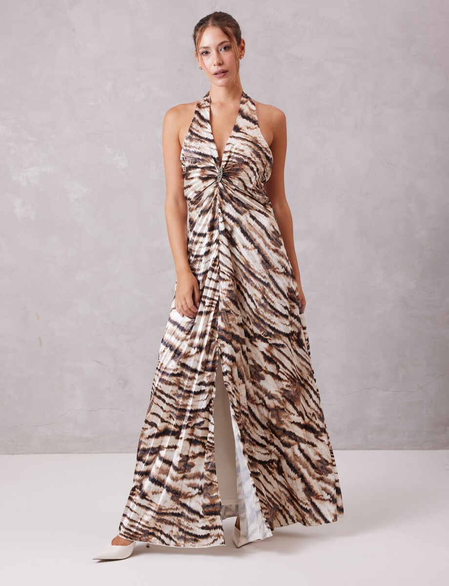 Vestido Largo Halter Plisado Con Broche - Multi/marron 