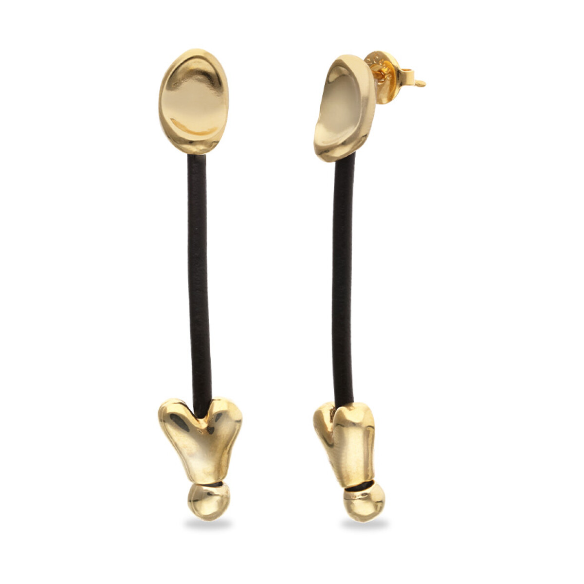 PENDIENTES LARGOS DE CUERO Y ALEACIÓN DE METALES BAÑADOS EN ORO 18K Y CORAZONES - Pendiente 