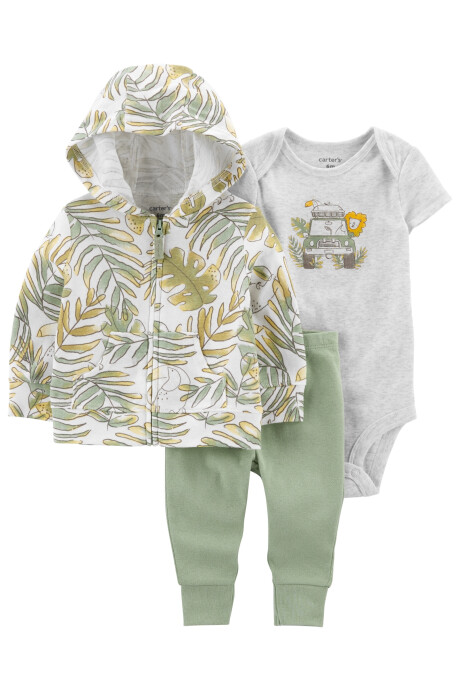 Set tres piezas campera, pantalón y body de algodón Set tres piezas campera, pantalón y body de algodón