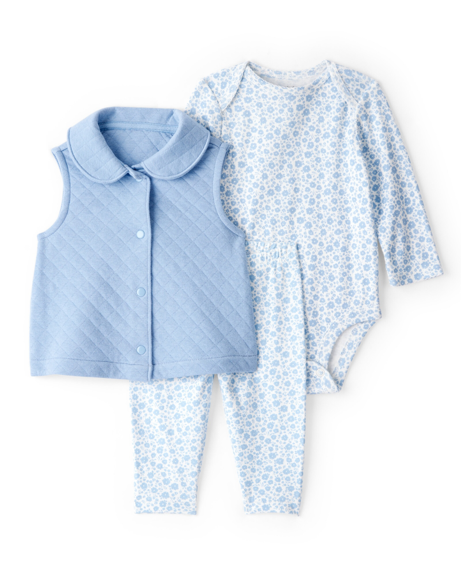 Set tres piezas de algodón, chaleco capitoneado, pantalón y body, azul, diseño floral Sin color