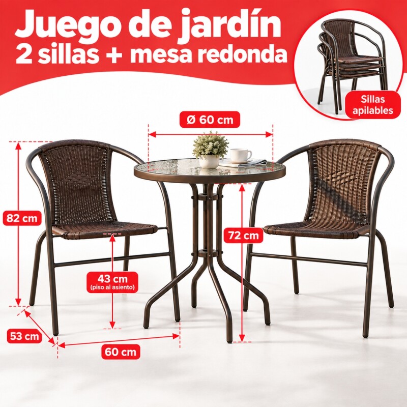Juego De Jardín Sillas Ratan + Mesa Vidrio MARRON