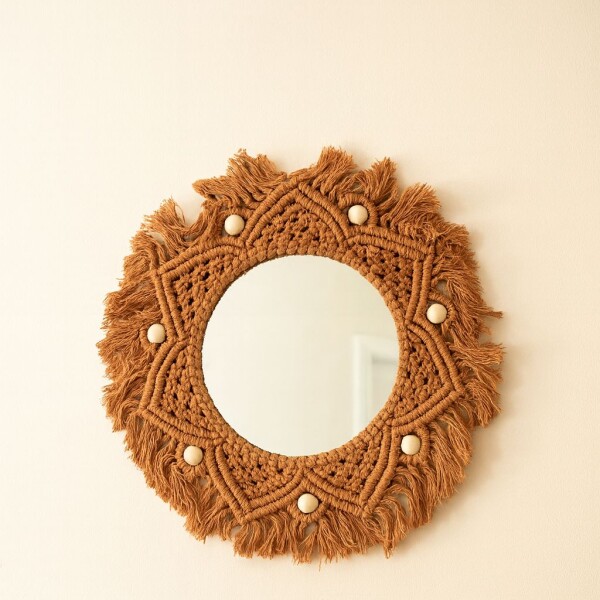 Espejo Redondo Tejido En Macrame Con Estilo Desflecado Macramar chico