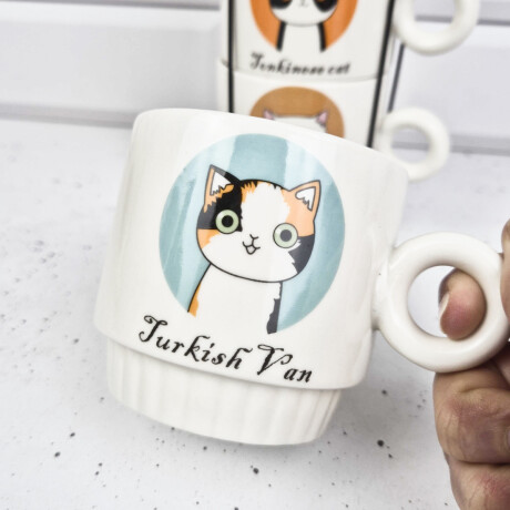Set de tazas de cerámica coloridas de gatito con soporte Sc