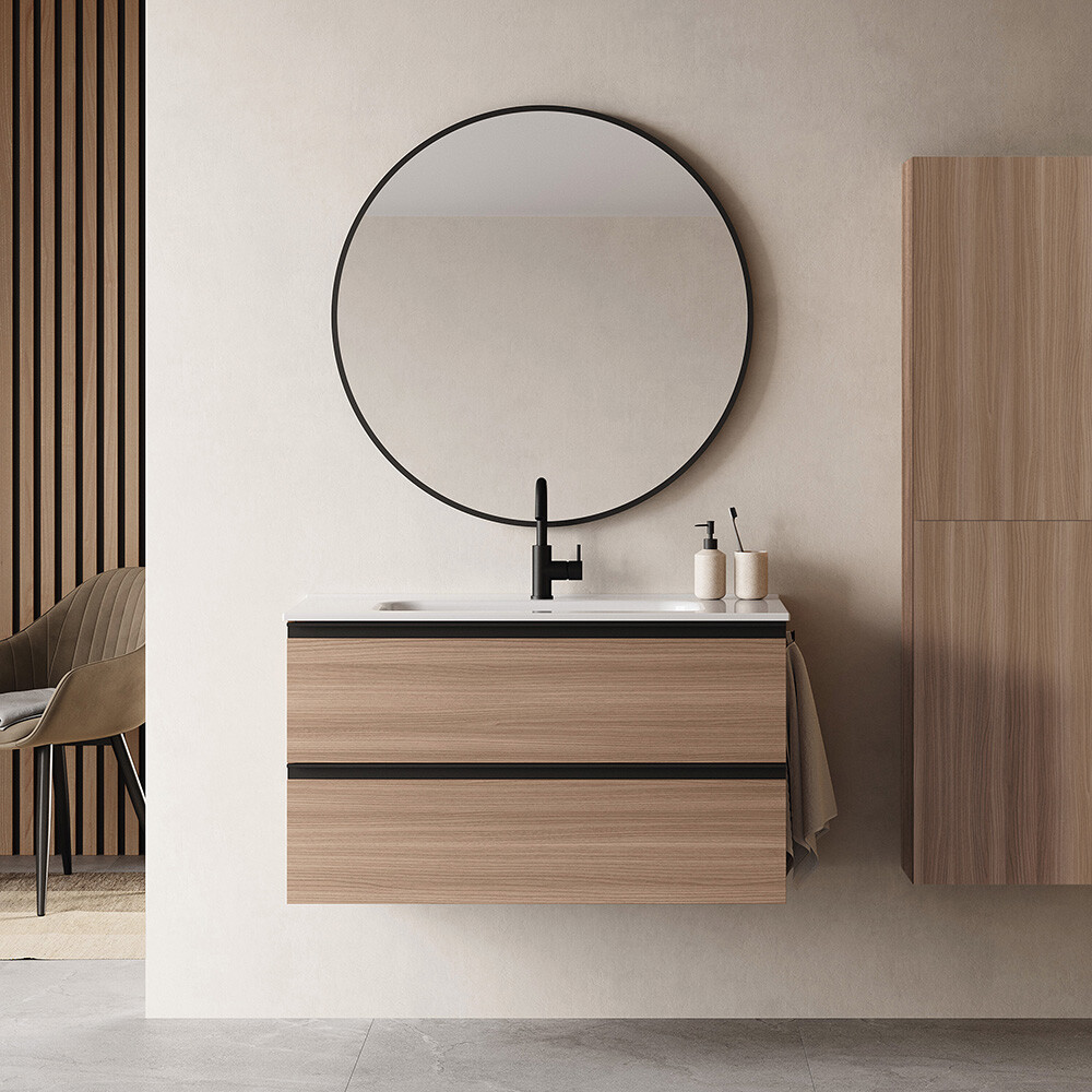 CONJUNTO MUEBLE BAÑO SUSPENDIDO MODELO VIDA 100 CM COLOR NOGAL ARENADO CON MESADA Y ESPEJO Conjunto Mueble Baño Suspendido Modelo Vida 100 Cm Color Nogal Arenado Con Mesada Y Espejo