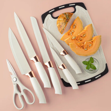 Set Cocina Menage 19Pz Utensillos Cuchillos Tabla c/Soporte Beige
