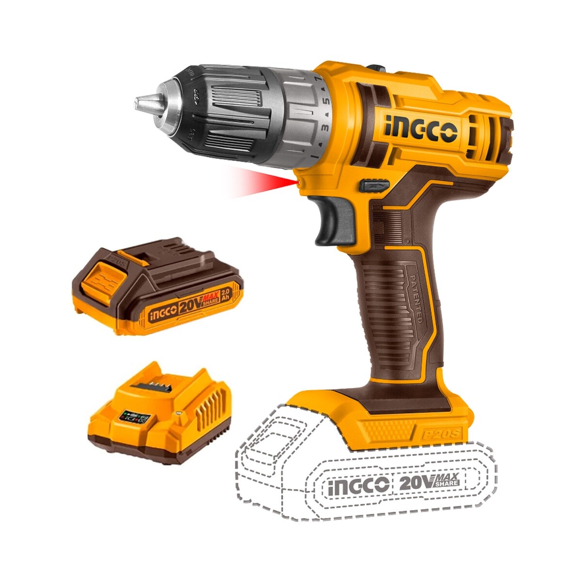 Taladro Atornillador Ingco con Batería y Cargador 20V 45Nm 10mm 