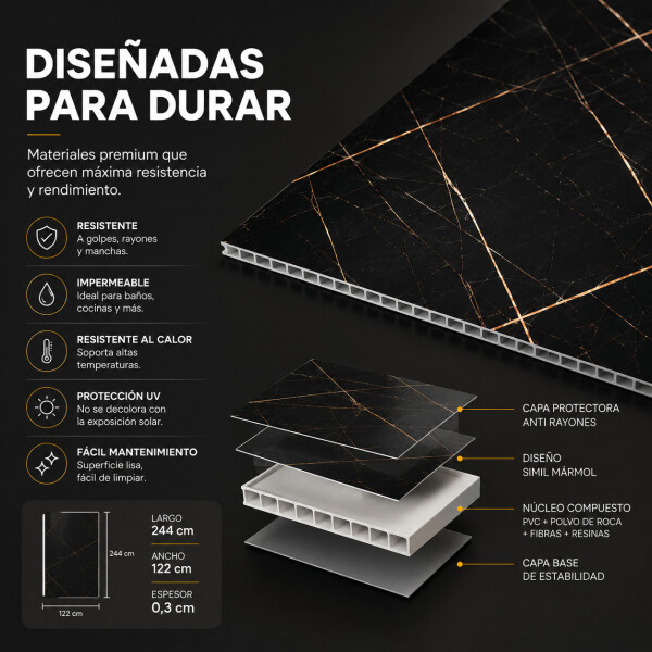 Placa PVC Símil Mármol Utilizables 2,2X1,22 Resistente 3Mm Negro