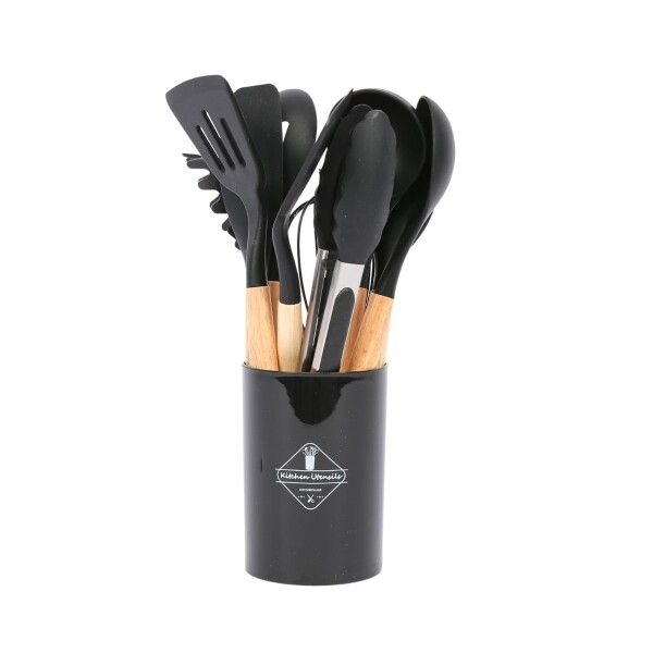 Set de 12 Utensilios de Cocina de Silicona Antiadherente con Mango Madera Set de 12 Utensilios de Cocina de Silicona Antiadherente con Mango Madera