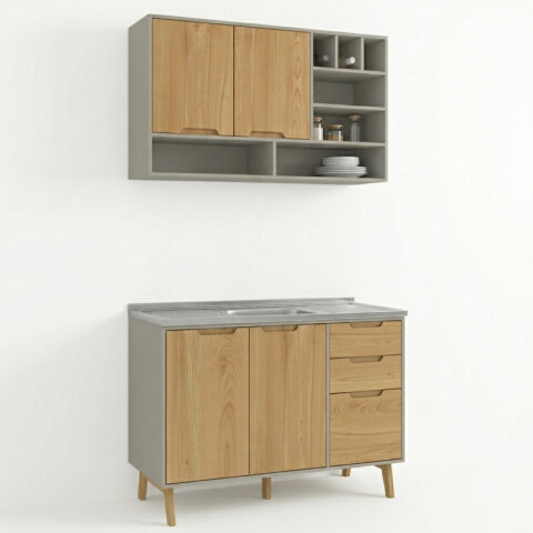 Combo de Cocina Wood Melilla Bajo Mesada Pileta Central y Aéreo con Piezas de Madera - Cinza Combo de Cocina Wood Melilla Bajo Mesada Pileta Central y Aéreo con Piezas de Madera - Cinza