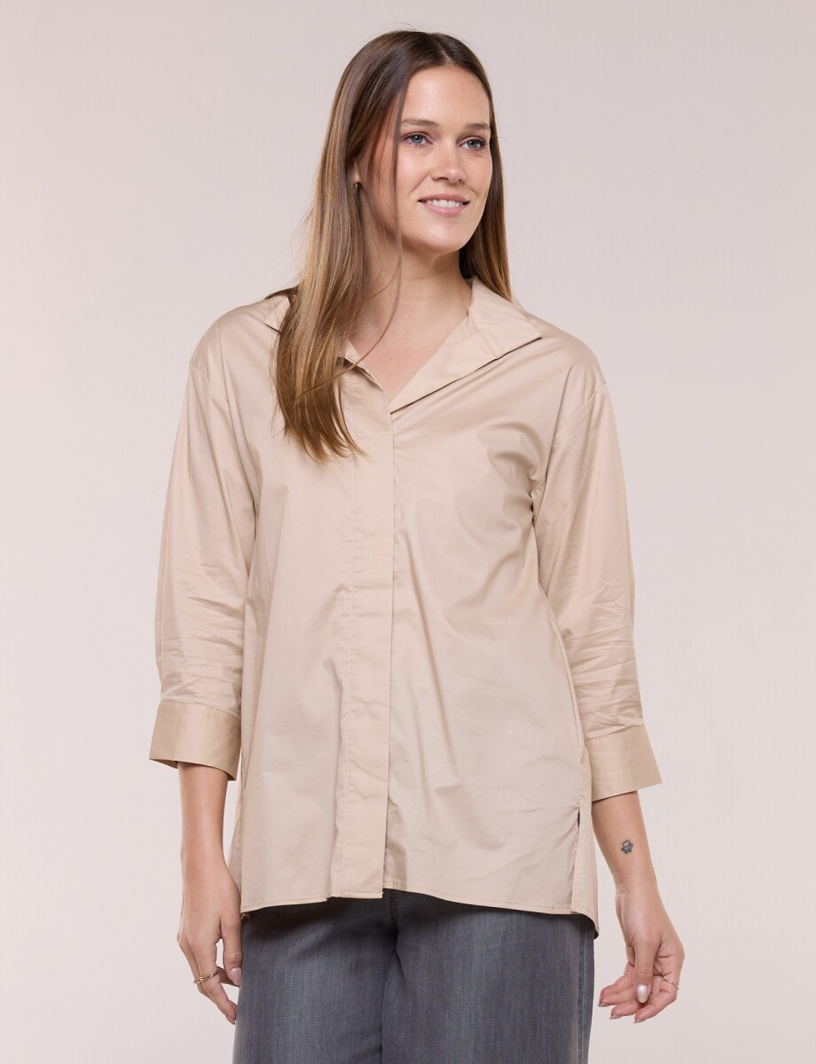 Camisa Larga Con Mangas Tres Cuartos - Beige 
