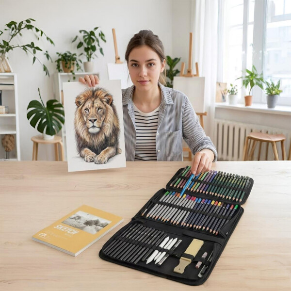 Set Arte Dibujo Kit 72 Pcs Lápices Colores Cuaderno Estuche Negro