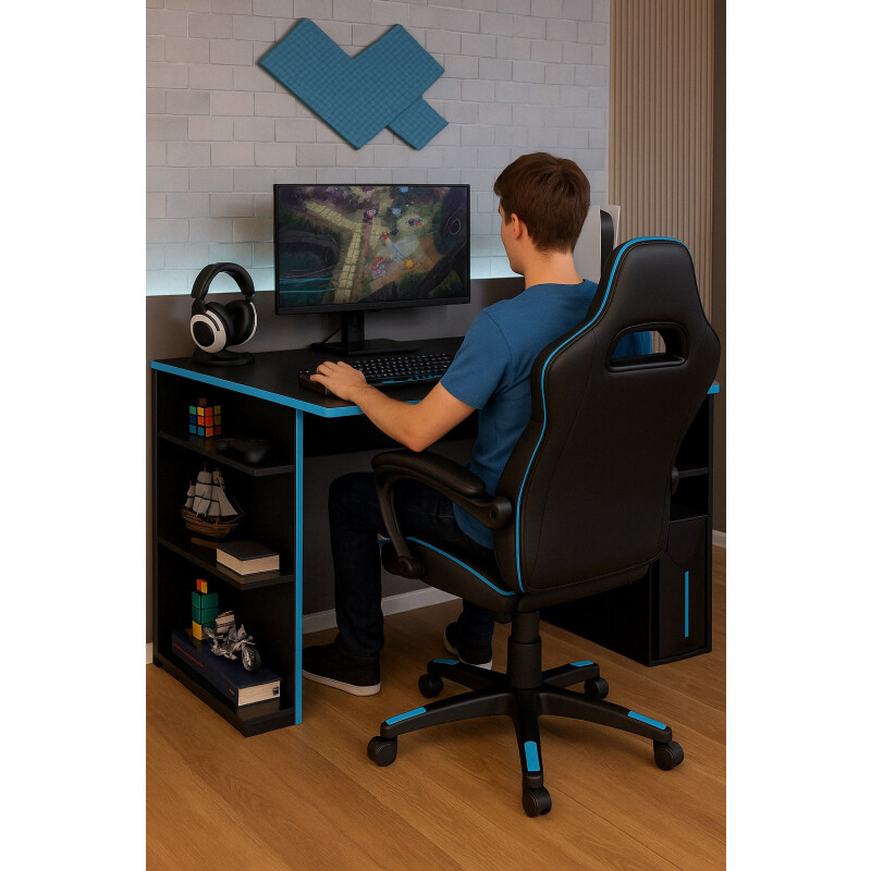 Escritorio Gamer Mesa Para Pc Estantes Calidad Azul