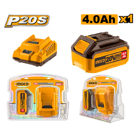 Set Batería Litio 20V 4Ah + Cargador Rápido Ingco FBCPK1214 Amarillo